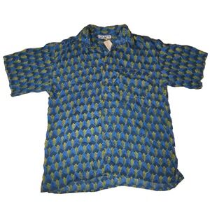 JAB men's 100% silk button front shirt XL blue arrows vintage Broadway Stores